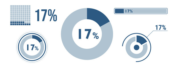 17% percentage infographic set. Seventeen circle diagram, pie donut chart, progress bar. 17 percent loading data icon. Vector concept collection.