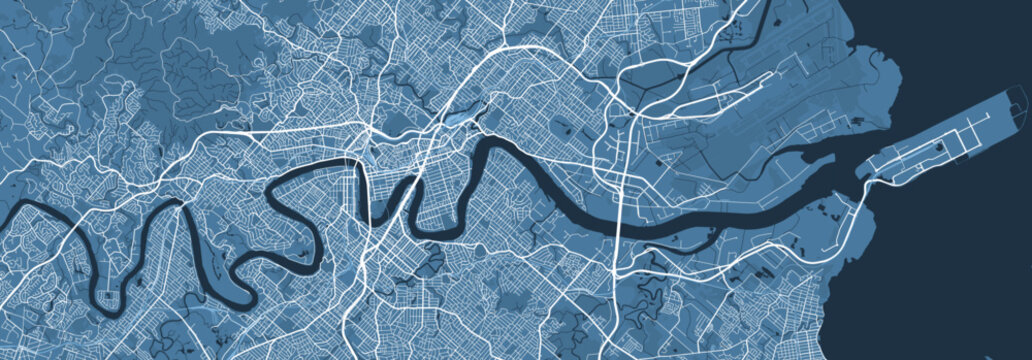 Blue map of Brisbane city, linear print map. Cityscape panorama.