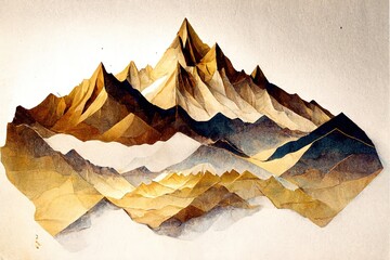 Fototapeta na wymiar Grunge watercolor mountains landscape with golden color. AI generated