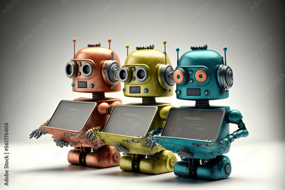 Poster machine learning concept with retro robots at a laptop computer isolated. generative ai
