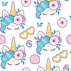Seamless pattern with cute unicorn and flowers