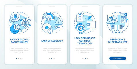 Corporate treasurer challenges blue onboarding mobile app screen. Walkthrough 4 steps editable graphic instructions with linear concepts. UI, UX, GUI template. Myriad Pro-Bold, Regular fonts used