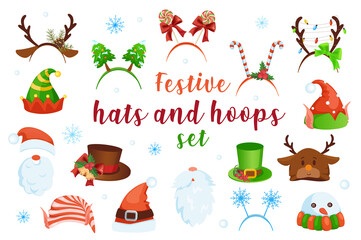Festive hats and hoops in cartoon style set isolated elements. Bundle of different types of Christmas accessory for head, part of carnival costume for holiday party. Illustration in flat design