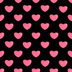 Raster seamless pattern with pink textured hearts on black background. Symmetry hearts romantic background