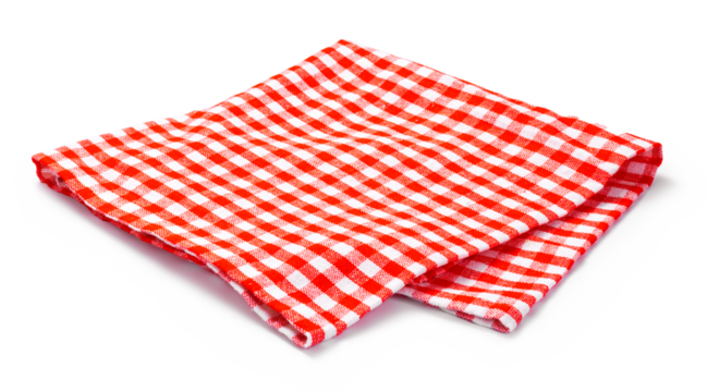 Table cloth kitchen isolated. Red napkin on white background.