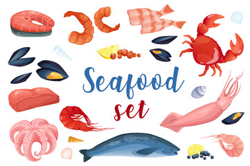 Naklejka premium Seafood in cartoon style set isolated elements. Bundle of steak of salmon, shrimp, crab, squid, tuna, octopus, mussels and other healthy fresh fish and shellfishes. Illustration in flat design
