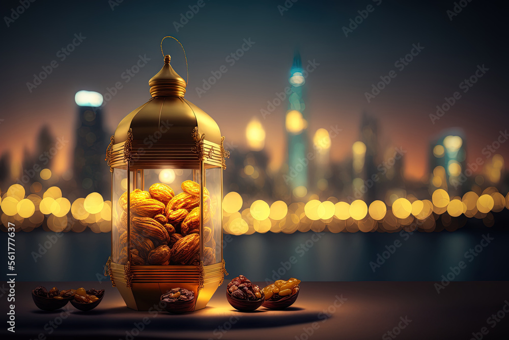 Canvas Prints For the Muslim holiday of Ramadan Kareem, a golden lantern and dates fruit are displayed against a night sky and city background lit by bokeh lights. Generative AI