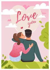Valentine's day. A couple in love hugs and kisses in nature, on a picnic. The 14th of February. Cute cartoon vector greeting cards