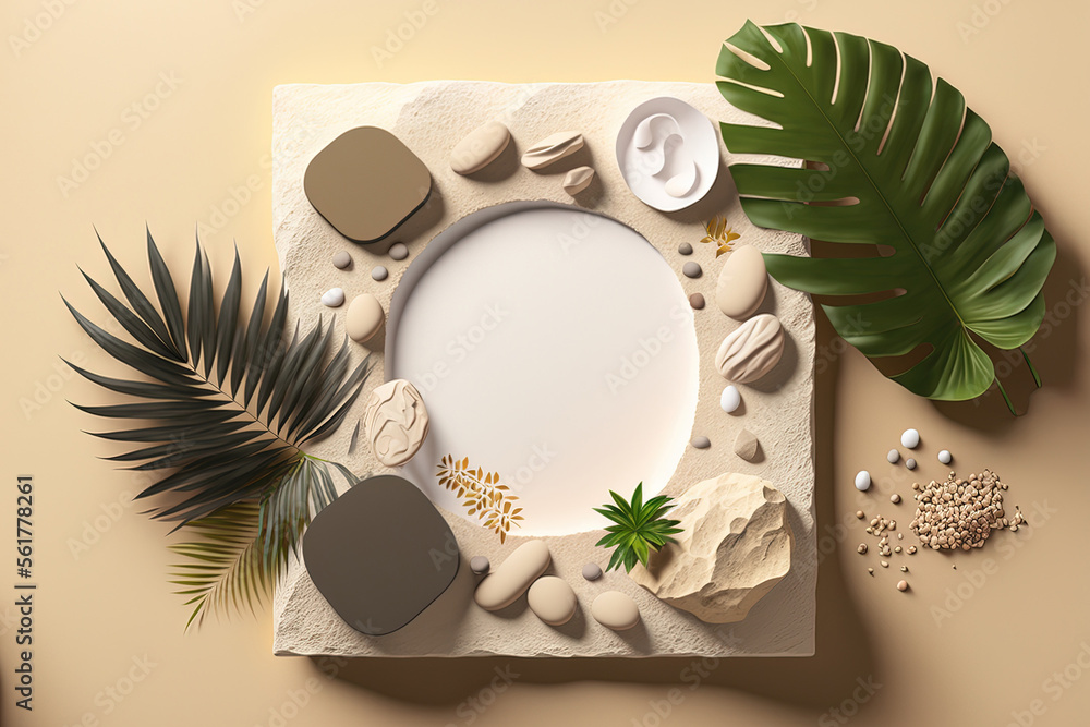 Poster Background a platform with a flat lay display of stones against a natural, pale beige backdrop. Product advertising Tropical exhibition for beauty products. platform showcase template for Studio Summ