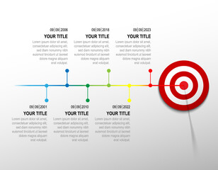 Colours line hit red dartboard with infographic. target timeline left to right. Business data chart, investment goal, marketing challenge, strategy presentation, achievement diagram. vector template.