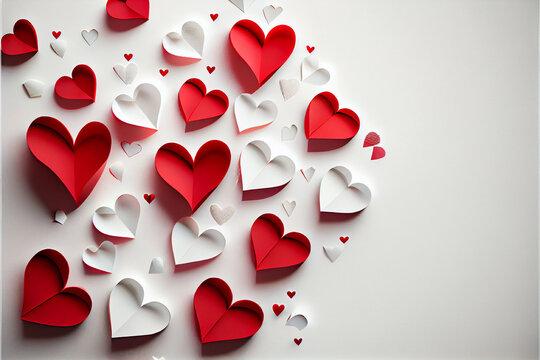 Paper red hearts on white background | Valentine's day Wallpapers | Ai Generative | Red and white paper hearts | Romantic | 14th of Feb 2023 | Happy Valentine's Day | Hearts