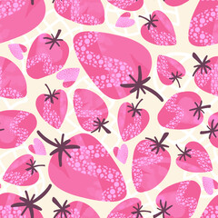 Sweet Pink Strawberries and Hearts Valentines Vector Seamless Pattern