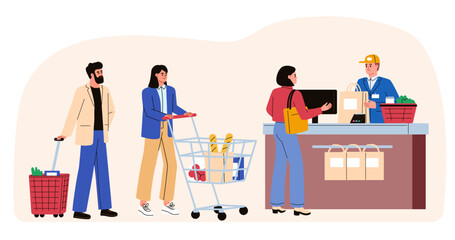 Hypremarket line. People standing in a queue with a shopping basket, shopping cart in the supermarket. Customers of the shop at the cash register. Flat vector illustration.