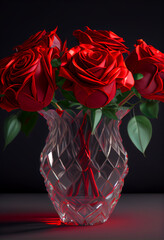 Red roses in a crystal vase | Valentine's day special | Happy valentine's day | 14th of Feb | Romantic, love | roses in a glass vase isolated on a dark background | Ai Generative | Photorealism 