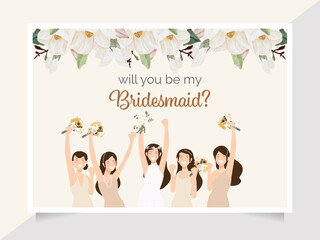 cute bride and bridesmaid on watercolor white magnolia flower bouquet invitation card template