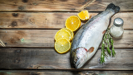 Raw sea fish salmon with lemon wedges, herbs and spices.