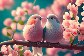 Adorable Love Birds sitting on a branch of a cherry blossom tree | Ai Generated | Valentine's Day | 14th Feb | Romantic Birds