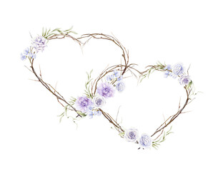 Hand drawn twig heart with violet flowers. Watercolor illustration for San Valentino, wedding, engagement, mother day cards and posters.