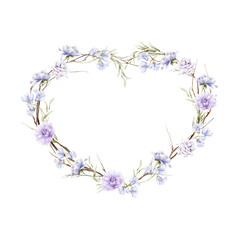 Hand drawn twig heart with violet flowers. Watercolor illustration for San Valentino, wedding, engagement, mother day cards and posters.