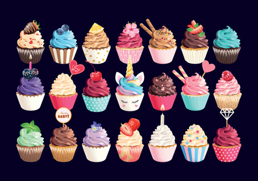 Big vector set of high detailed cupcakes
