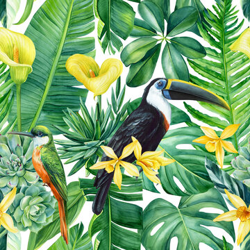  Tropical palm leaves, flowers and toucan bird.Seamless pattern, jungle wallpaper. watercolori llustration