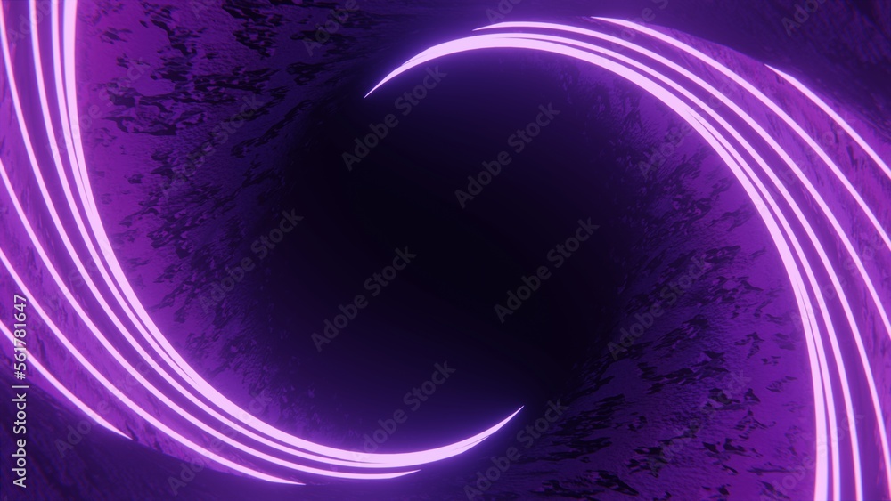 Poster concept tunnel rotate wave. futuristic sci-fi modern empty stage reflective concrete room with purpl