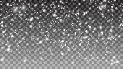 Vector falling snow overlay. Realistic shining snowfall background, winter collection decoration isolated on transparent with copy space. Stock illustration.