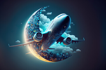 Creative idea design for Eid. Eid ul Adha and Eid ul Fitr. The moon is being propelled by an airplane engine. The sky above where the plane is flying is cloudy. illustration. a background of dark blue - obrazy, fototapety, plakaty