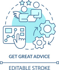 Get great advice turquoise concept icon. Analytics tools. Treasury management benefit abstract idea thin line illustration. Isolated outline drawing. Editable stroke. Arial, Myriad Pro-Bold fonts used