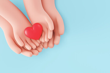 3d icon red heart in hand. cartoon arm holding gesture hand give red heart. Realistic illustration of donation love or charity for appreciation social media isolated on Blue background. 3d rendering