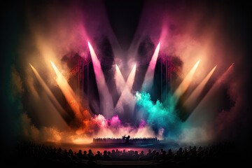 Theater setting with concert, stage lit by colored spotlights, and smoke. Generative AI