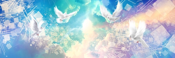 虹色の雲間から神々しく輝く幾何学模様のテクスチャーと平和の象徴白い鳩と美しい天国の入り口のファンタジー風景イラスト