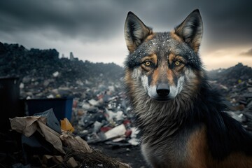 Wolf auf einer Müllhalde, Umweltverschmutzung - ai generiert - obrazy, fototapety, plakaty