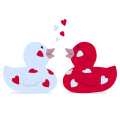 A couple of bath ducks in love with floating red and white hearts.