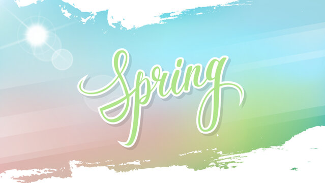 Springtime blurred background with bright sun, hand lettering and brush strokes for your Spring Season graphic design. Vector illustration.