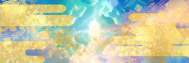 Obraz na płótnie Canvas 虹色の雲間から神々しく輝く和風の金銀砂子クスチャーとすやり霞雲と美しい天国への入り口ファンタジー風景イラスト