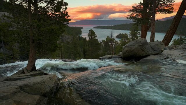 Sunset above Lower Eagle Falls and Emerald Bay, Lake Tahoe, California