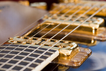 The strings and pickups of a Gretsch guitar, detail with limited depth of focus.
