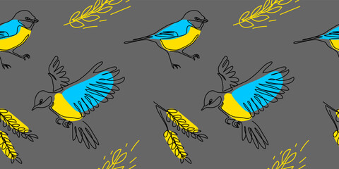 Great tit bird seamless vector pattern in blue and yellow colors with grain, wheatear. Graine from Ukraine concept. One continuous line art drawing of great tit pattern