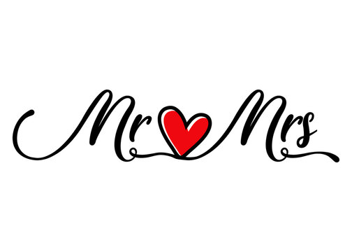 Logo aislado con palabra Mr and Mrs en texto manuscrito con silueta de corazón para su uso en invitaciones y tarjetas