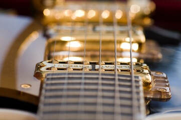 The strings and pickups of a Gretsch guitar, detail with limited depth of focus.
