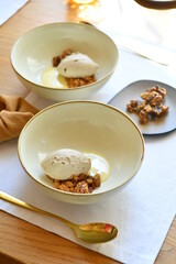 Fine dine dessert with almond mousse