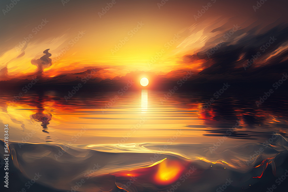 Sticker a sunset over the water, an abstract seascape, line art, a soft blur, and a water surface. generativ