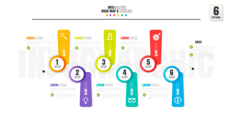 Timeline infographics design template with 6 options, process diagram.