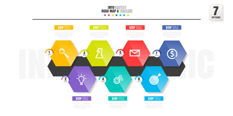 Timeline infographics design template with 7 options, process diagram.