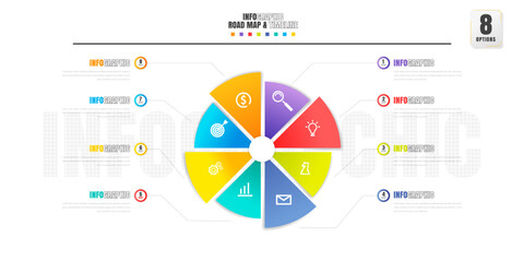 Timeline infographics design template with 8 options, process diagram.