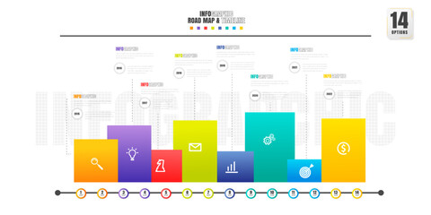 Timeline infographics design template with 14 options, process diagram.
