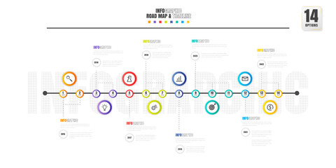 Timeline infographics design template with 14 options, process diagram.