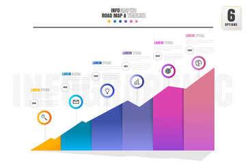 Timeline infographics design template with 6 options, process diagram.