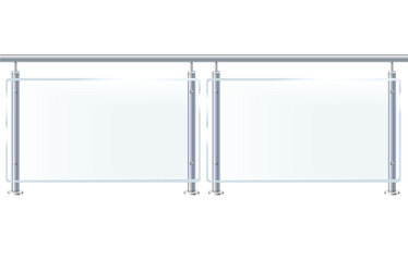 Glass or plexiglass fence with banisters. Architectural guardrail for balcony or office terrace.
